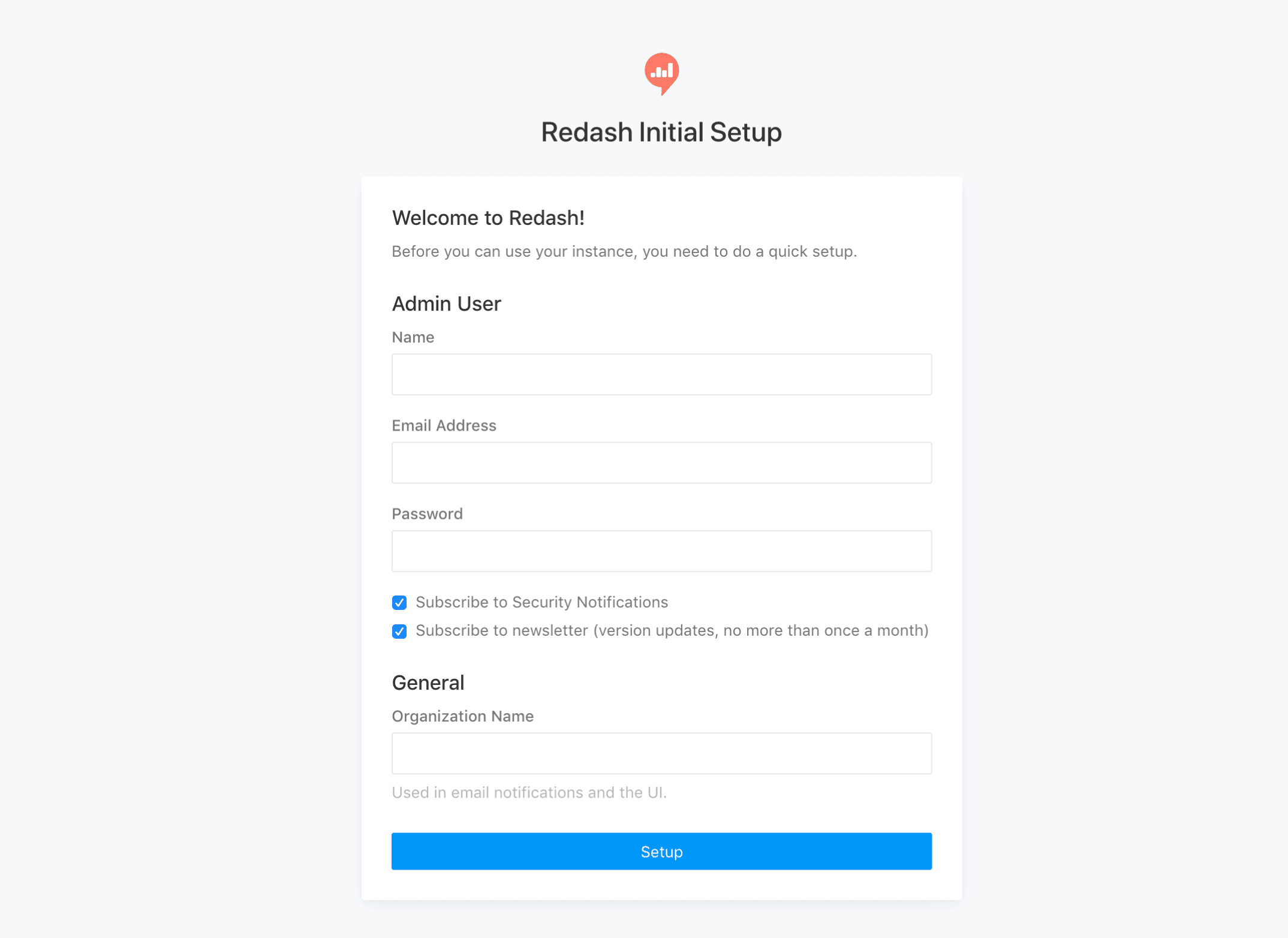 Redash Initial Setup 페이지